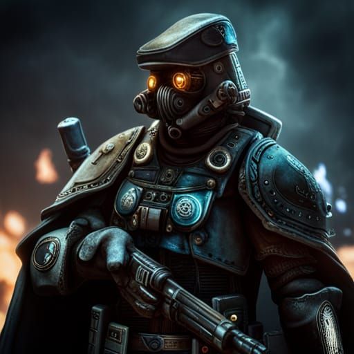 Hyperrealistic Space Marine Plague Doctor with Boltgun