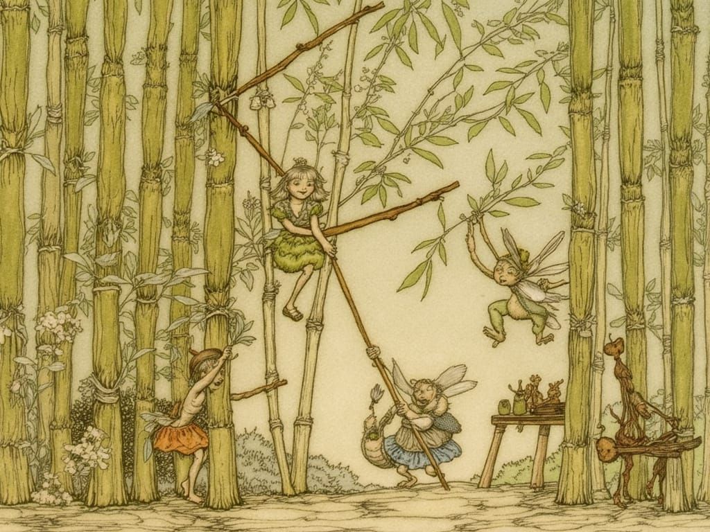 Fairies Industriously Harvesting Bamboo Shoots
