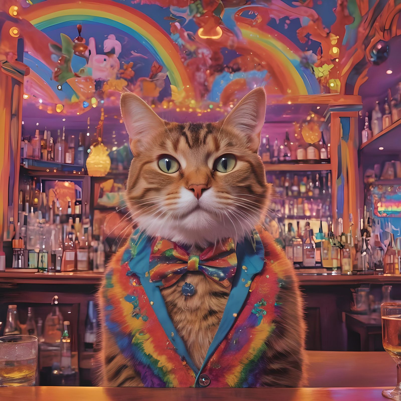 Human-Sized Cat Bartender at Psychedelic Rainbow Club
