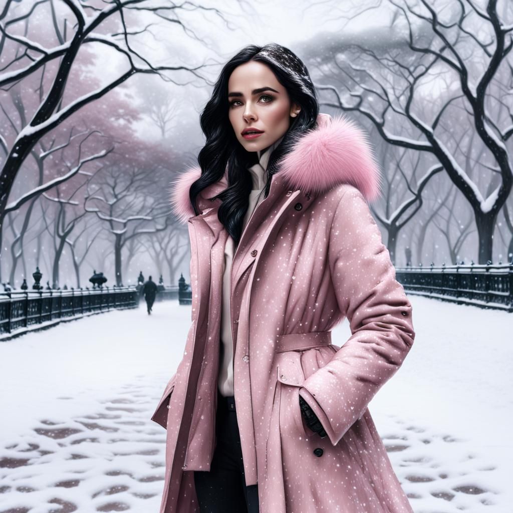 Pink Fur Parka in Central Park Snowfall