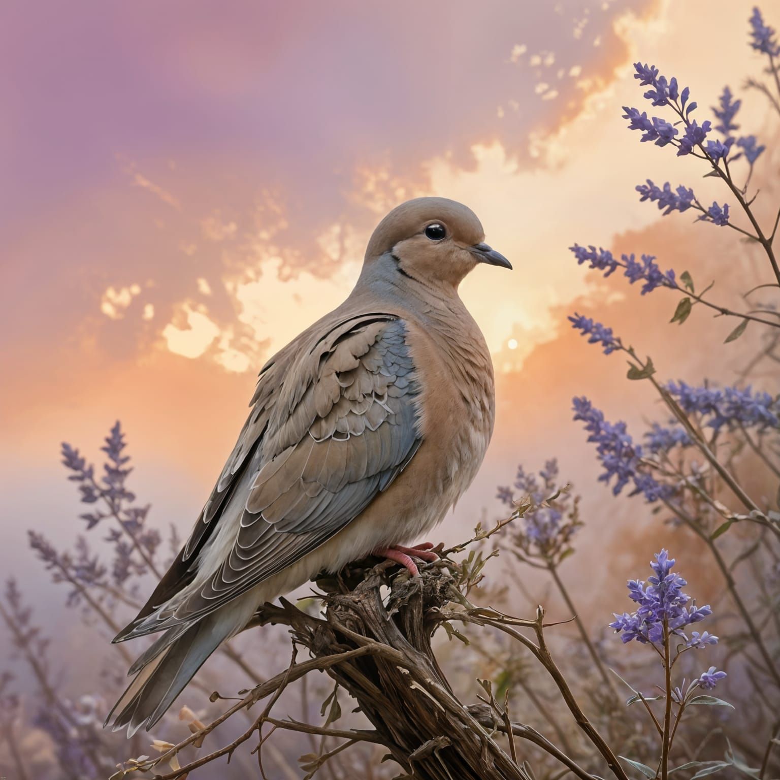 Surrealistic Mourning Dove in Golden Hour Light