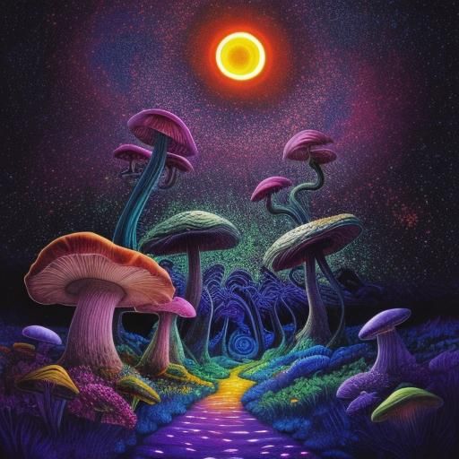 Surreal Landscape with Bioluminescent Plants and Cosmic Sky