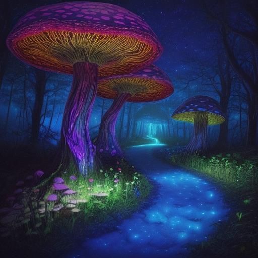 Mystical Bioluminescent Landscape with Cosmic Sky