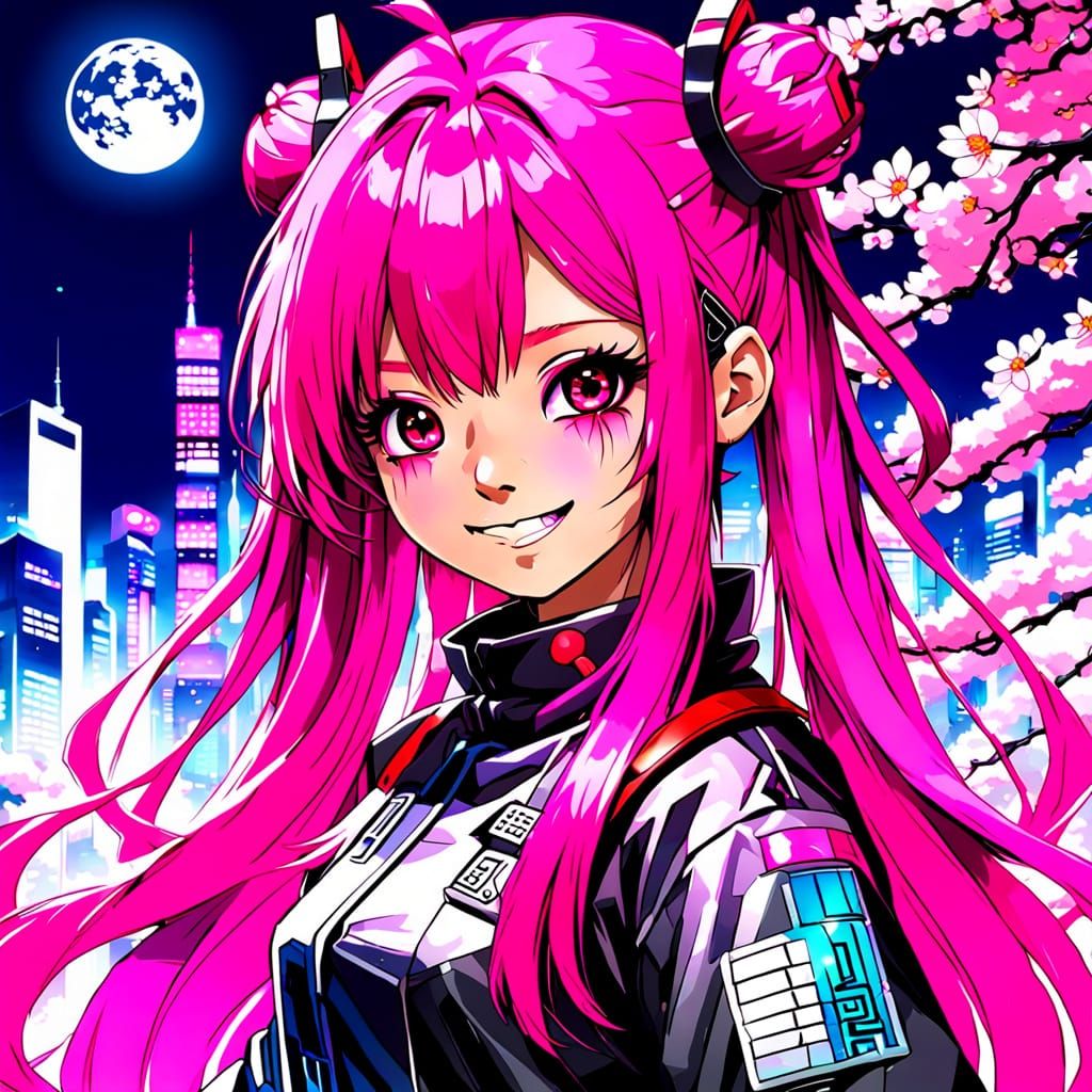 Surreal Neo Tokyo Pop Goddess in Vibrant Hot Pink and Black