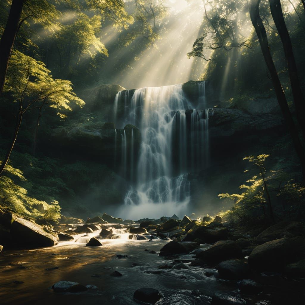 Golden Waterfall in Misty Forest: Cinematic Film Still