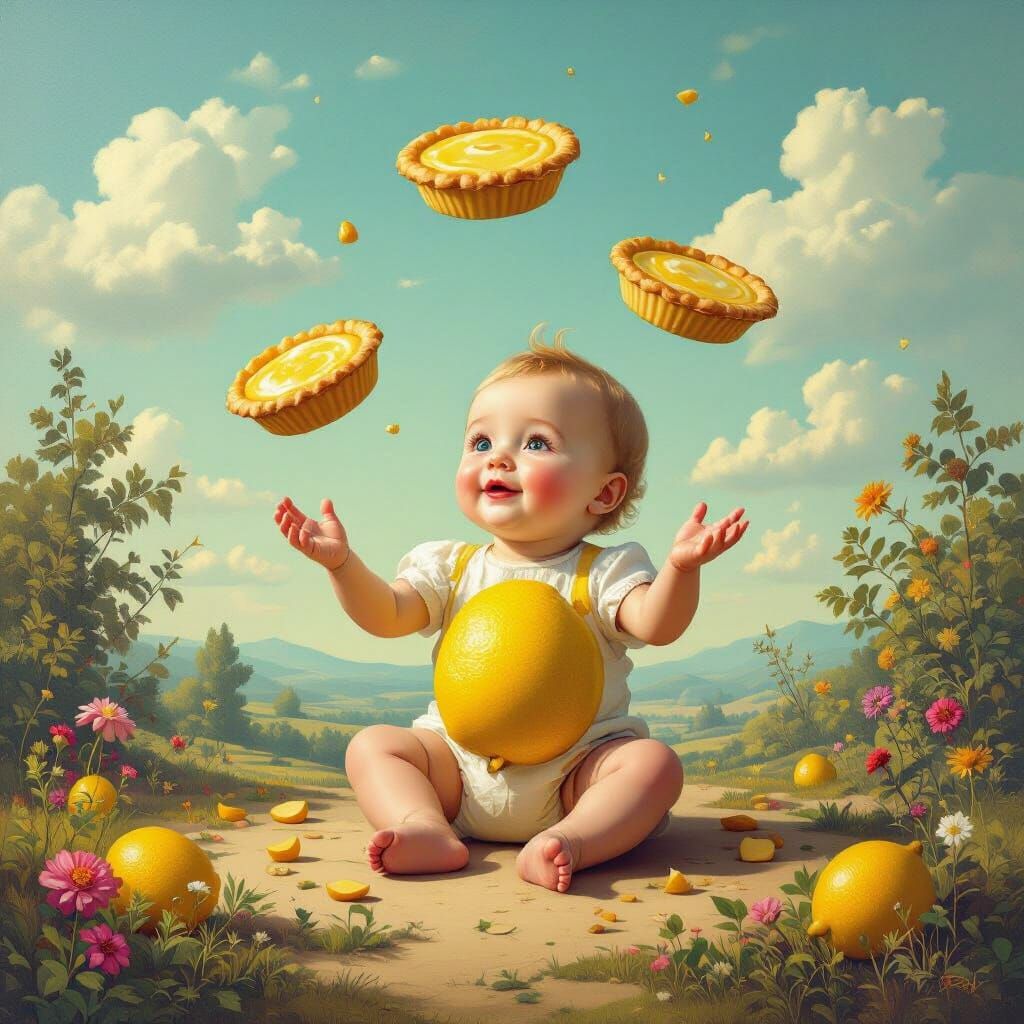 Surreal Baby Lemon Juggling Pies in Dreamscape