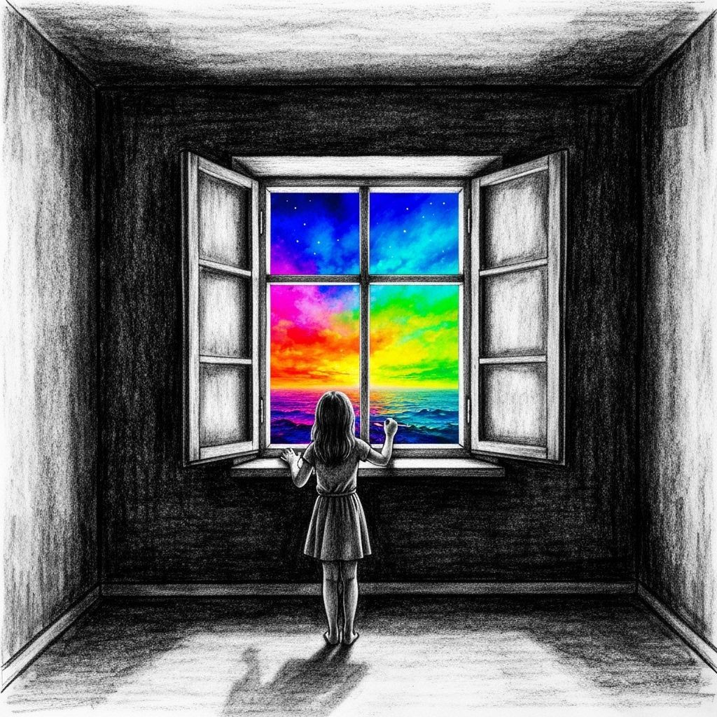 Girl Draws Colorful Window to Escape Dark Room