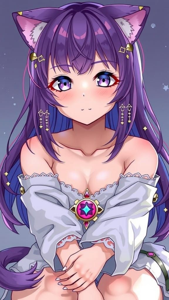 Elegant Anime Goddess with Lavender Hair and Cat Ears