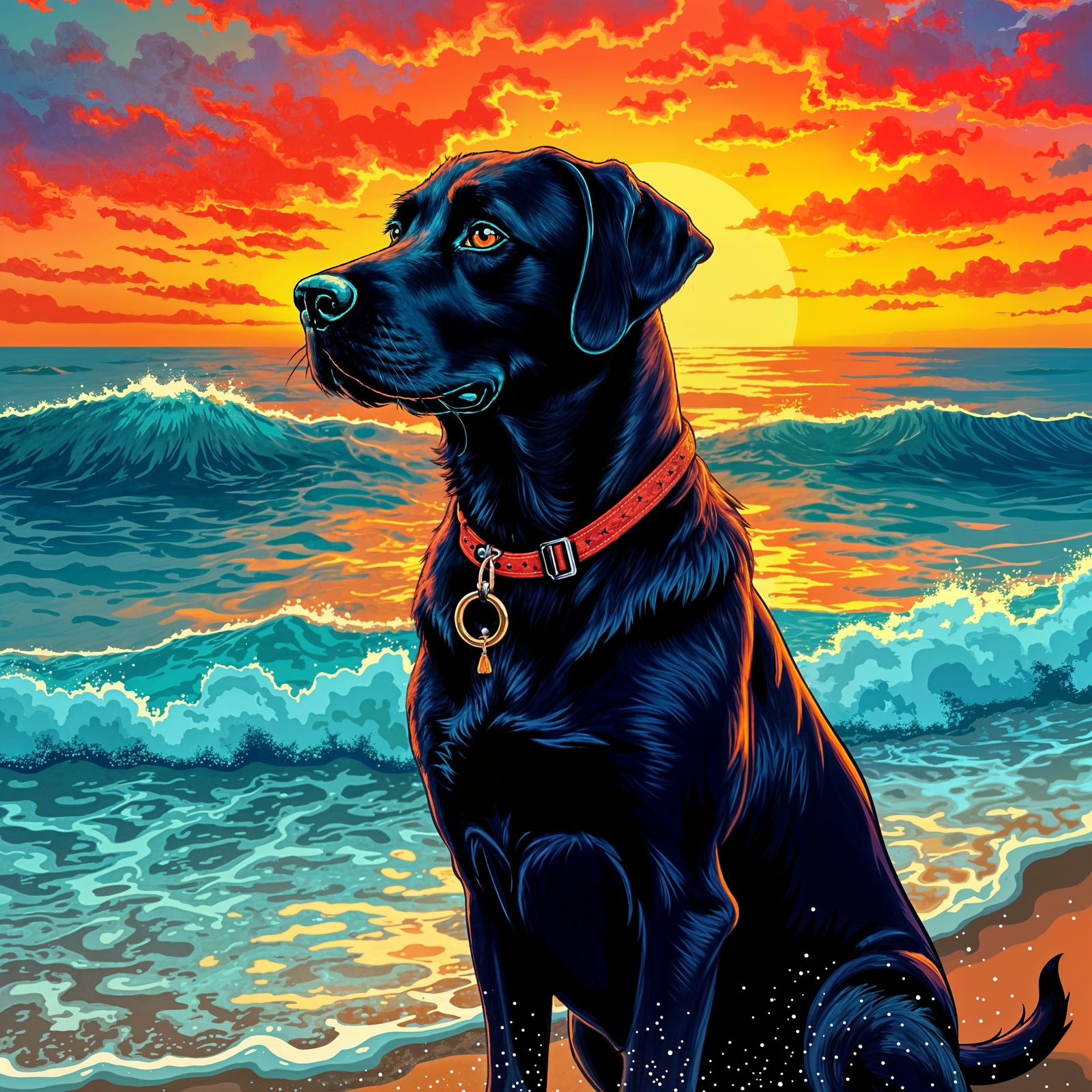 Abstract Beach Scene with Black Lab at Sunset