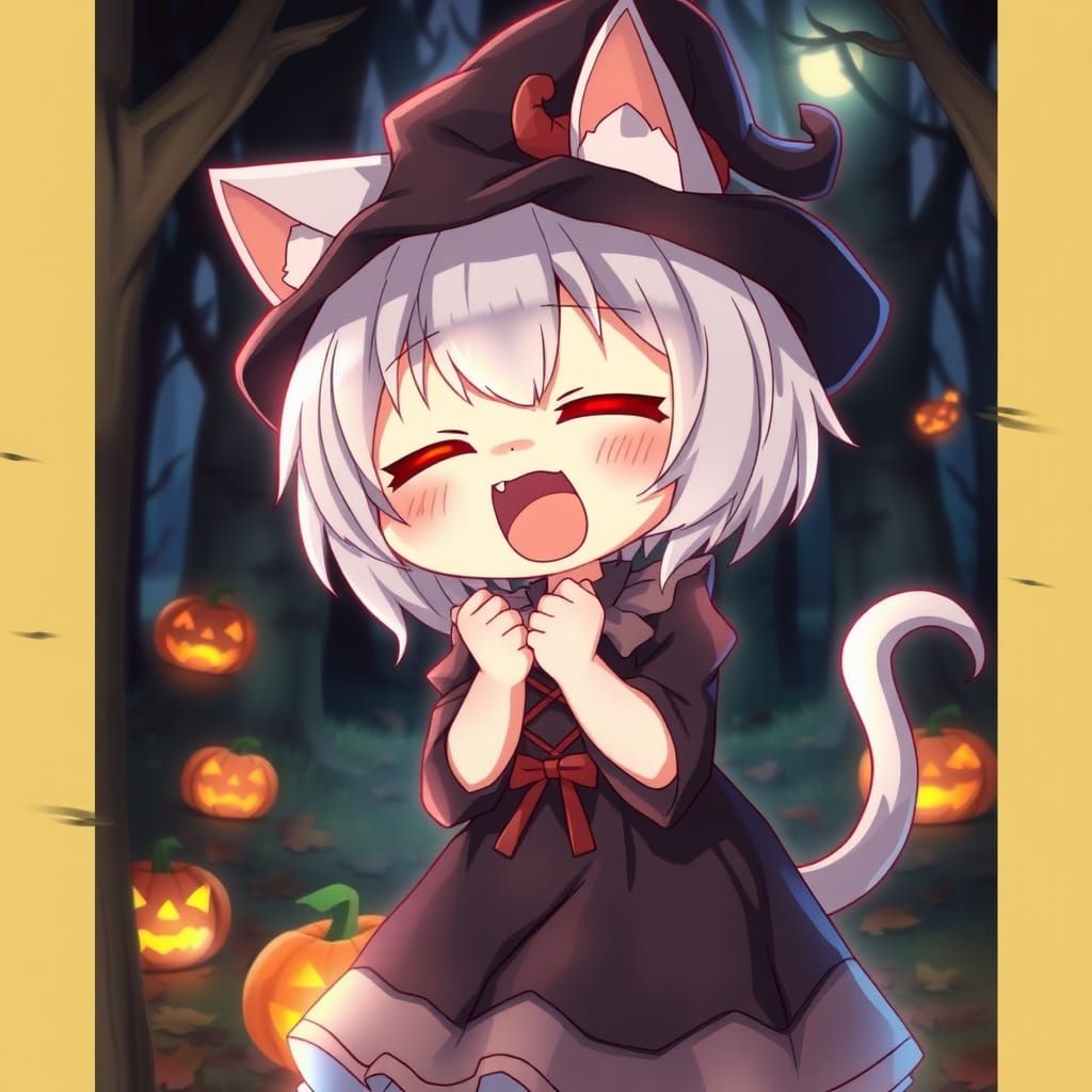 Cute Anime Catgirl in Spooky Forest, Dynamic Lighting
