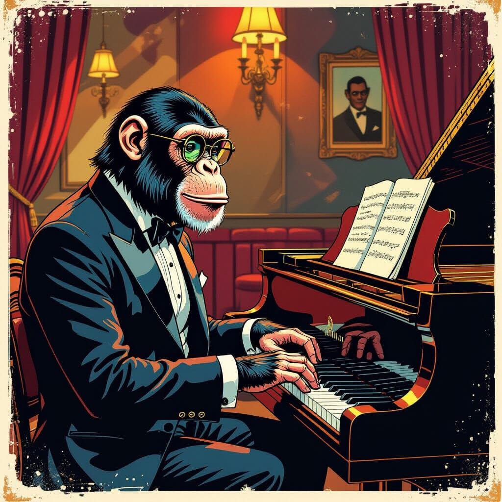 Chimpanzee Jazz Musician in Retro Illustration Style