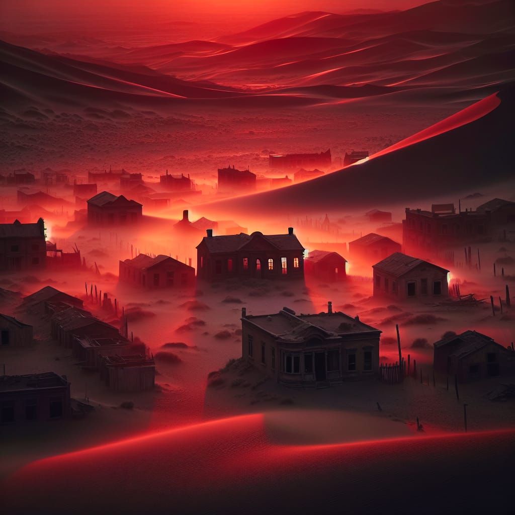 Deserted Ghost Town at Smoky Red Sunset