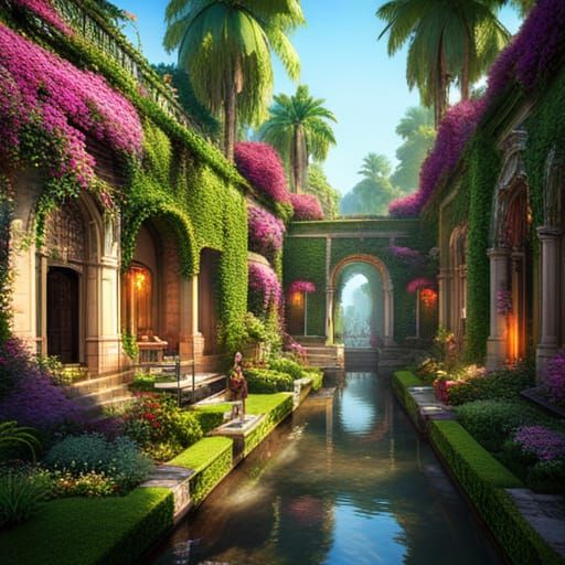 Art Deco Temples and Canal in 3D Cinematic Style
