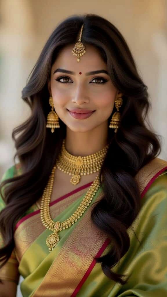 Indian Woman in Gold Saree with Cinematic Lighting