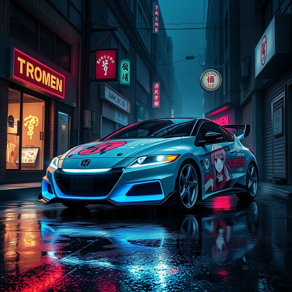 Cyberpunk Honda CR-Z in Rain-Slicked Alleyway