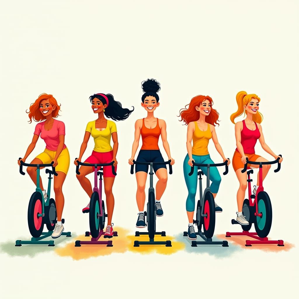 Energetic Women on Spinning Bikes in Cartoon Style