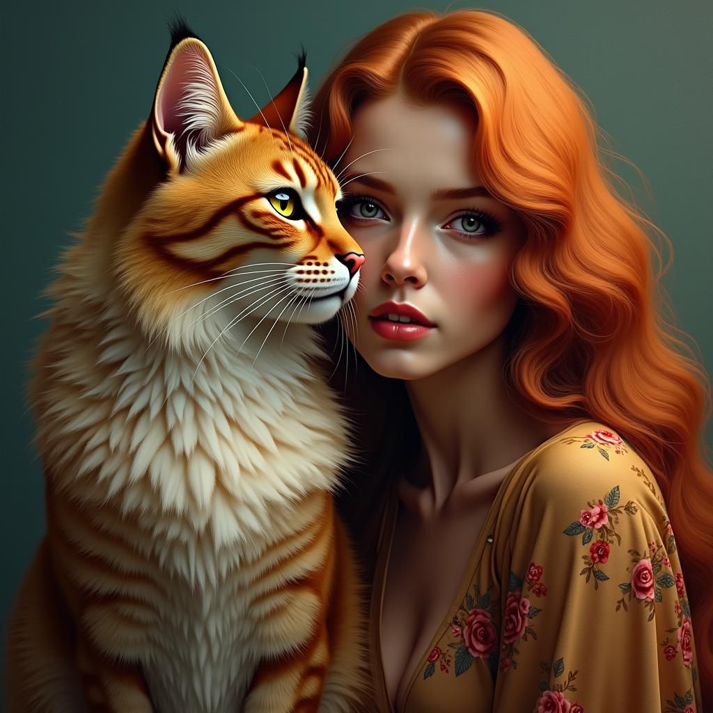 Harmonious Portrait: Woman and Cat in Art Nouveau Style