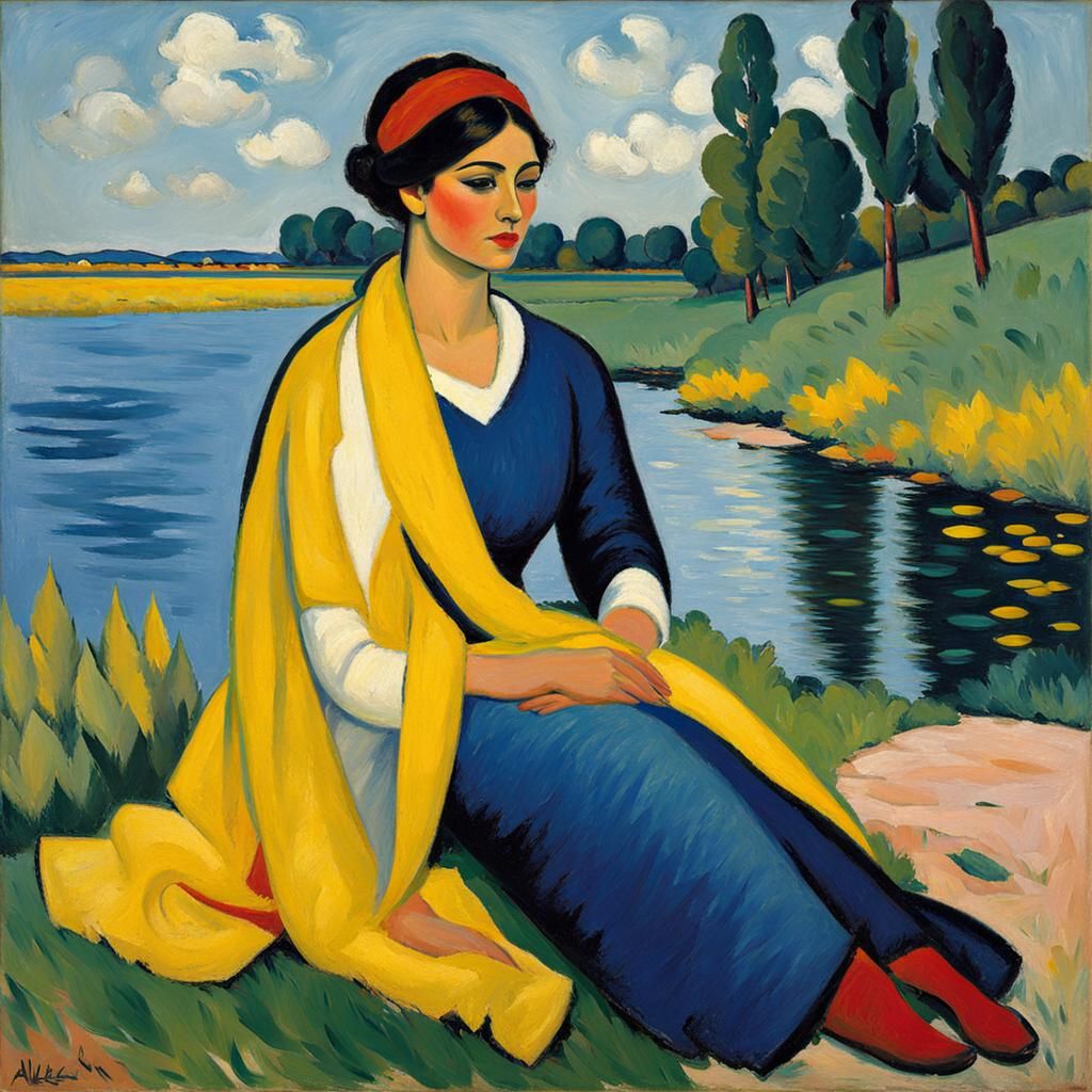 Woman in Blue Dress: An Expressionist Oil Painting