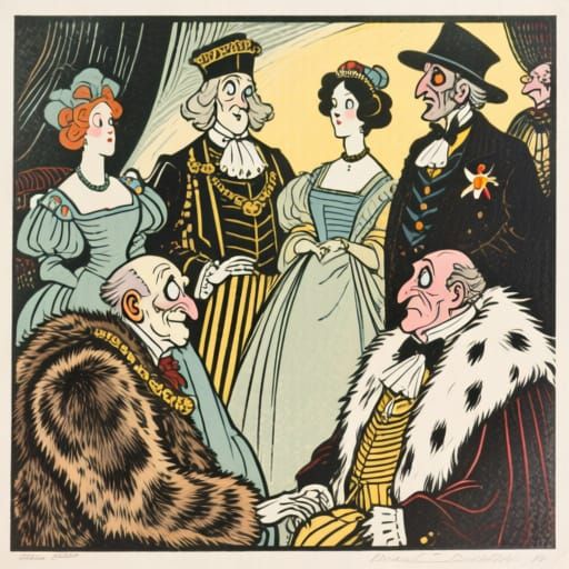 Woodcut print in colour.