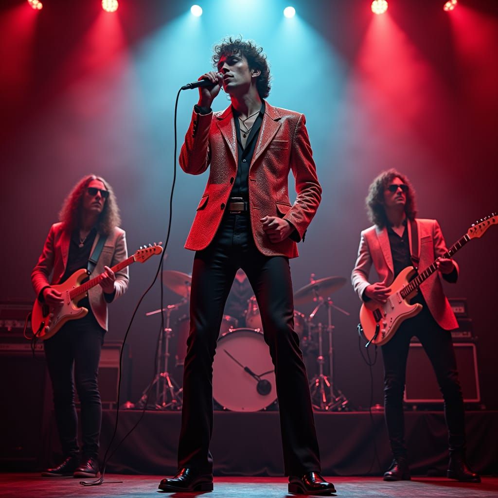 Rock Band Lead Singer in Hyperrealistic 1980s Style