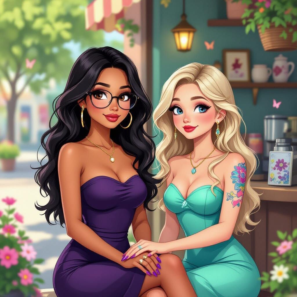 Animated Women at Cozy Coffee Shop, Miyazaki Style