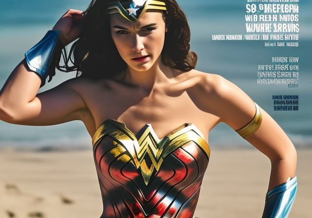 Surfboard magazine cover, Wonder woman, bikini, beach , surfboard