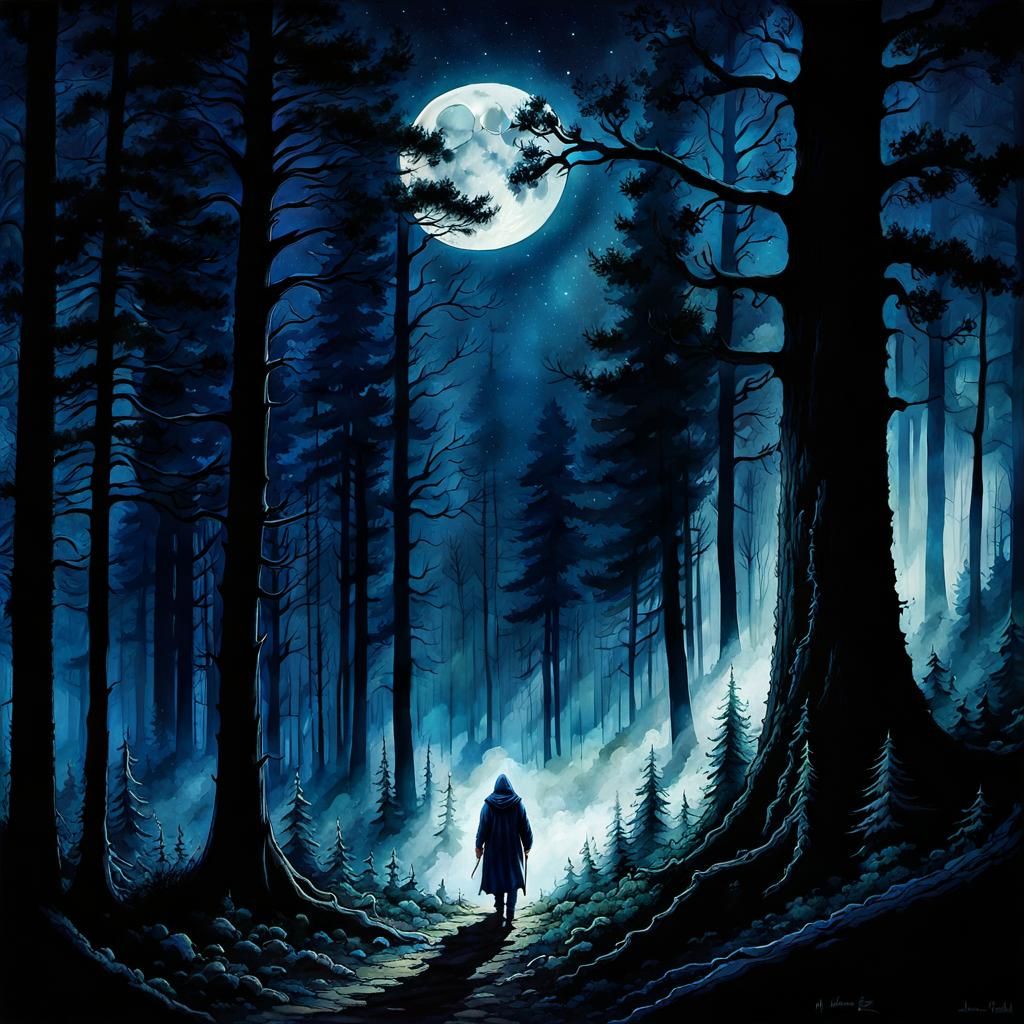 Hooded Figure in Moonlit Forest: Watercolor Painting