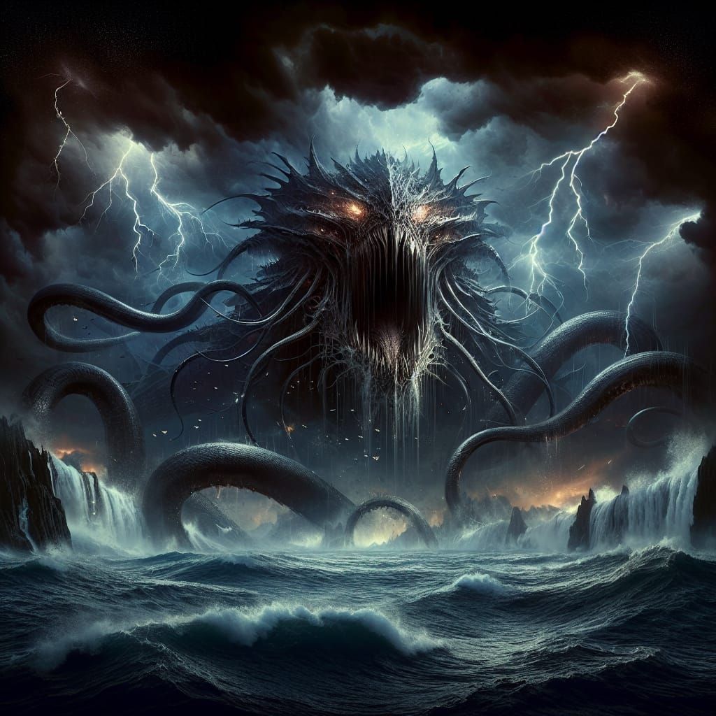 Gigantic Leviathan Emerges from Chaotic Ocean: Matte Paintin...