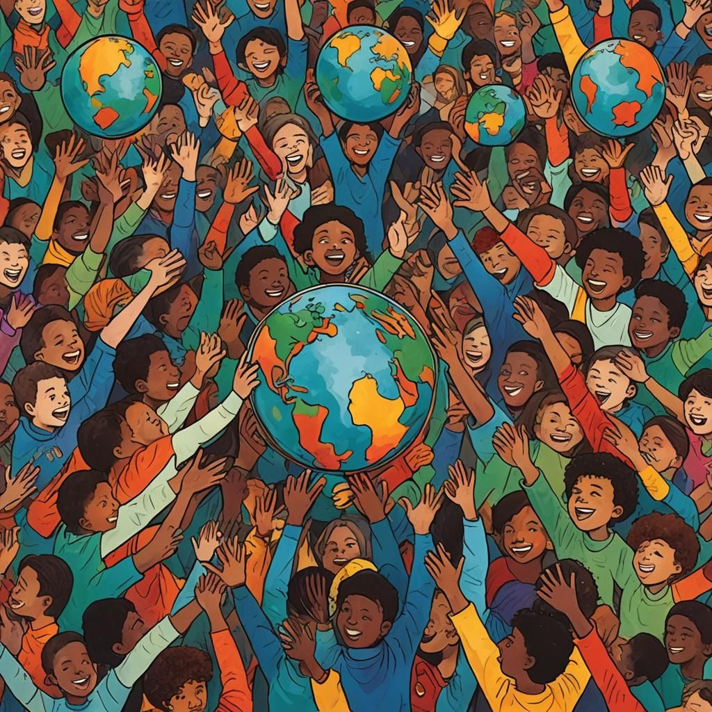 Children Holding Globe: Abstract Art in Complementary Colors