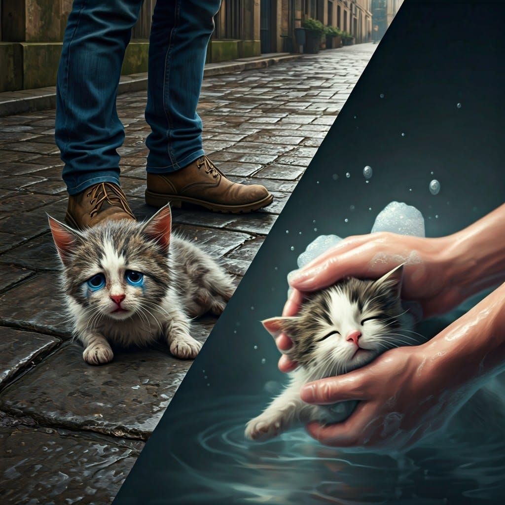 Touching Cat Transformation: Street to Warm Bath