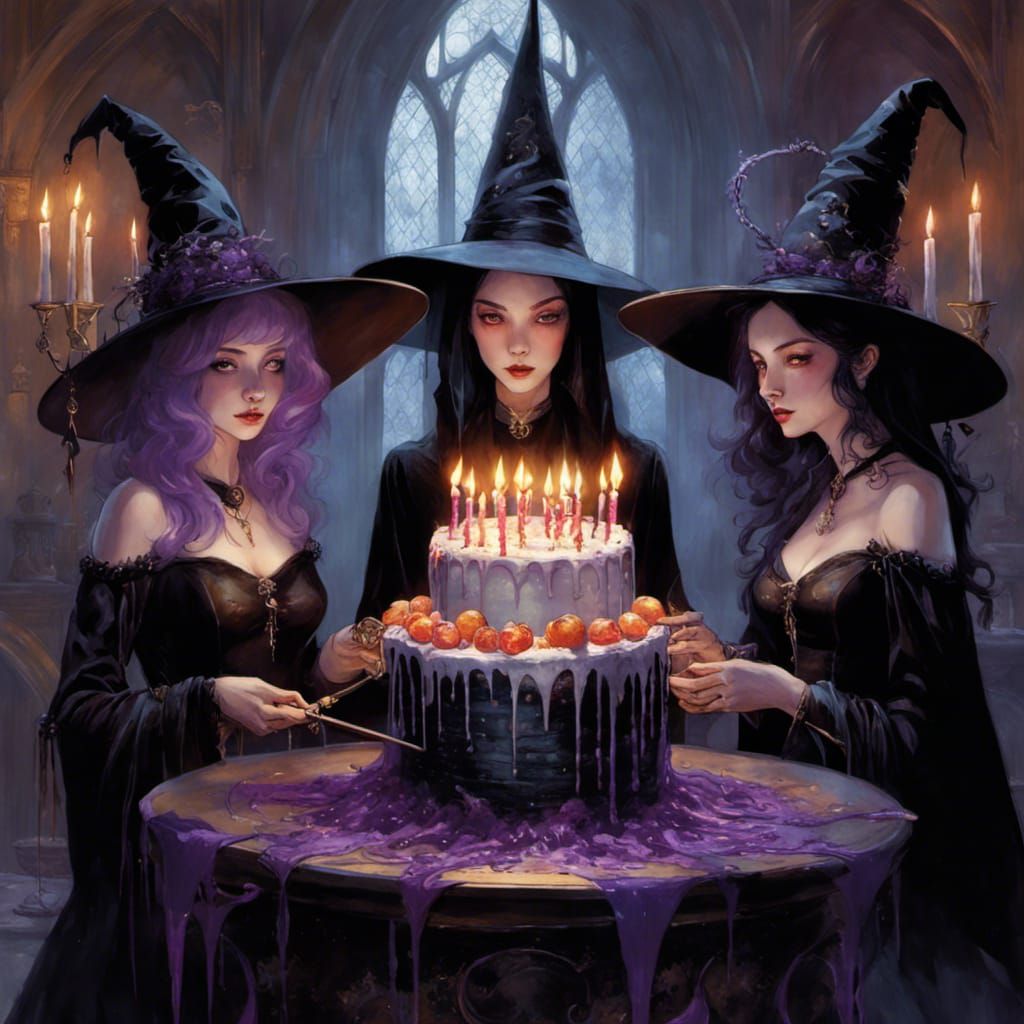 Gothic Witches Summoning Birthday Cake in Digital Art