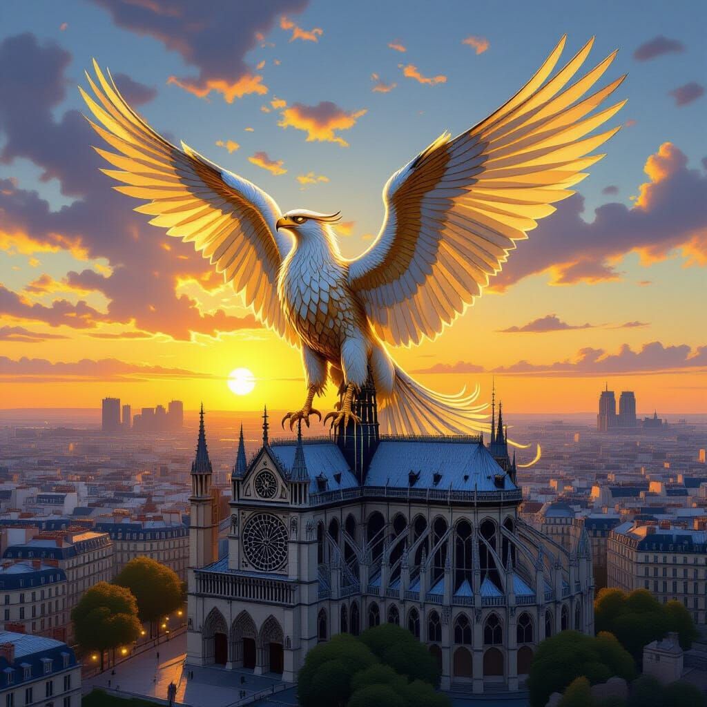 Golden Griffin Perched Atop Notre Dame Cathedral