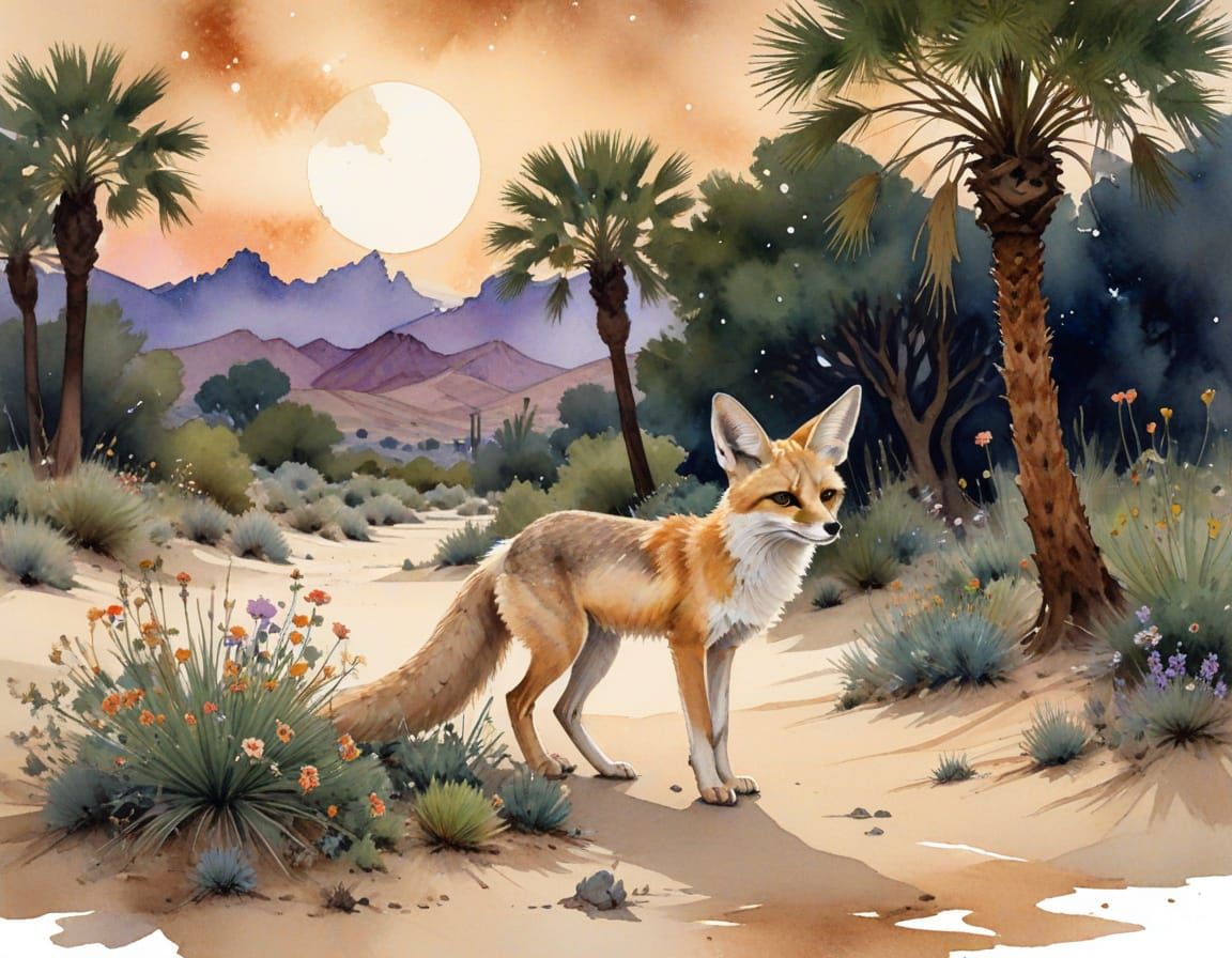 Fennec Fox in Desert Oasis, in Watercolour Style