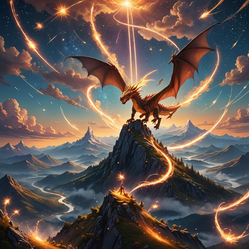 Dragon Flight Through Starlight on Magical Mountain