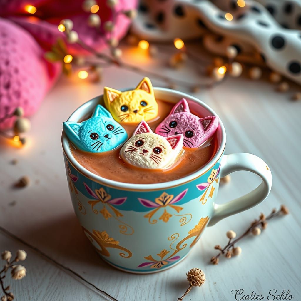 Hot Chocolate with Kawaii Cat Marshmallows in Surreal Style