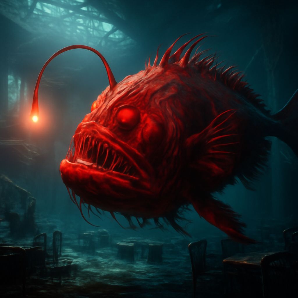 Bioluminescent Anglerfish in Sunken Ballroom, 3D Render