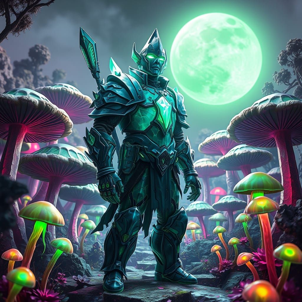 Crystal Warrior in Mushroom Forest, Digital Art