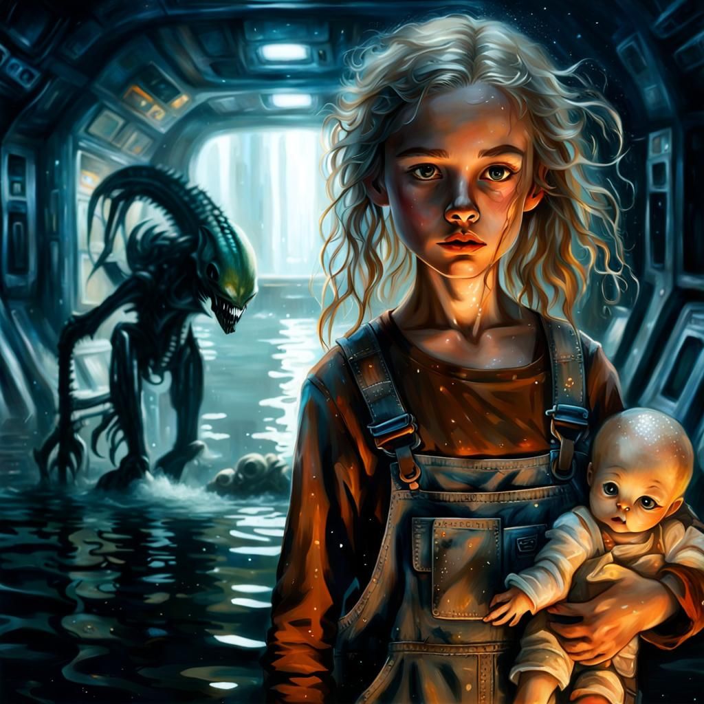 Sci-Fi Horror: Girl in Flooded Spaceship Oil Painting