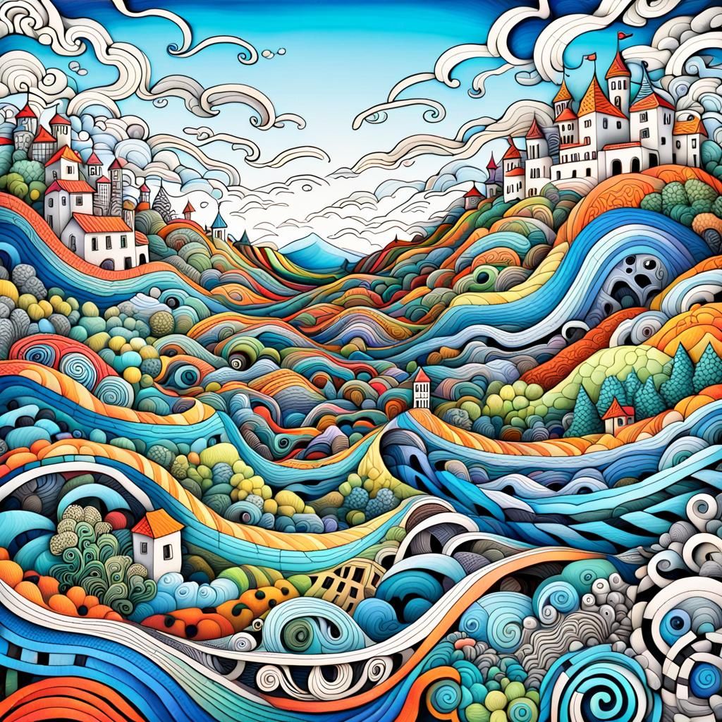 Extreme 3D Zentangle Doodle Landscape in Neon Colors