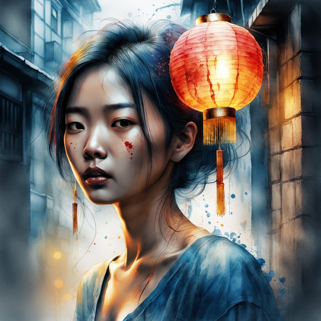 Asian Portrait in Watercolor with Lantern Glow
