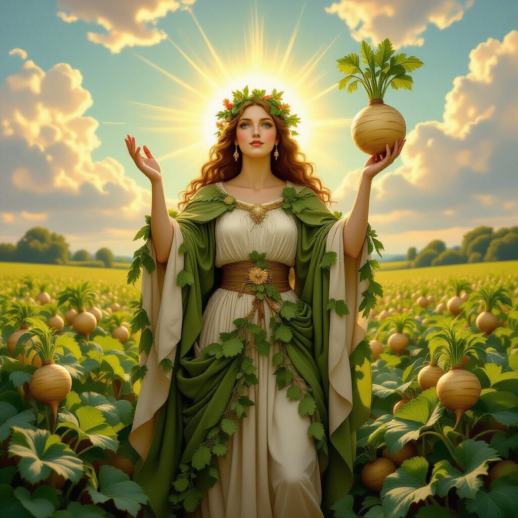 Goddess of Turnips Holding Luminous Turnip in Harvest Field