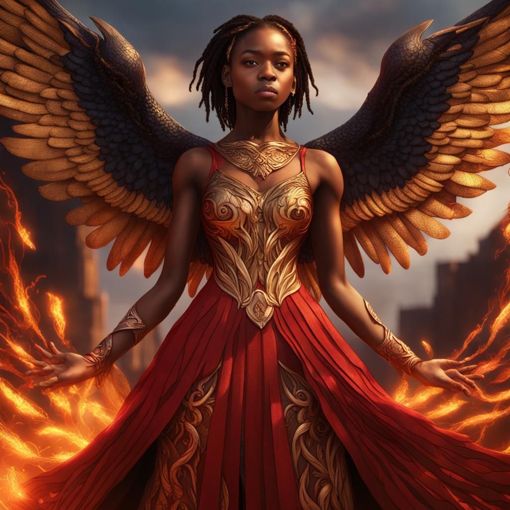 Phoenix Girl in Red and Gold Dress: Fantasy Art