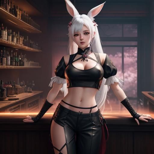 Viera Bartender with Sakura Tattoo in Fantasy Art Style
