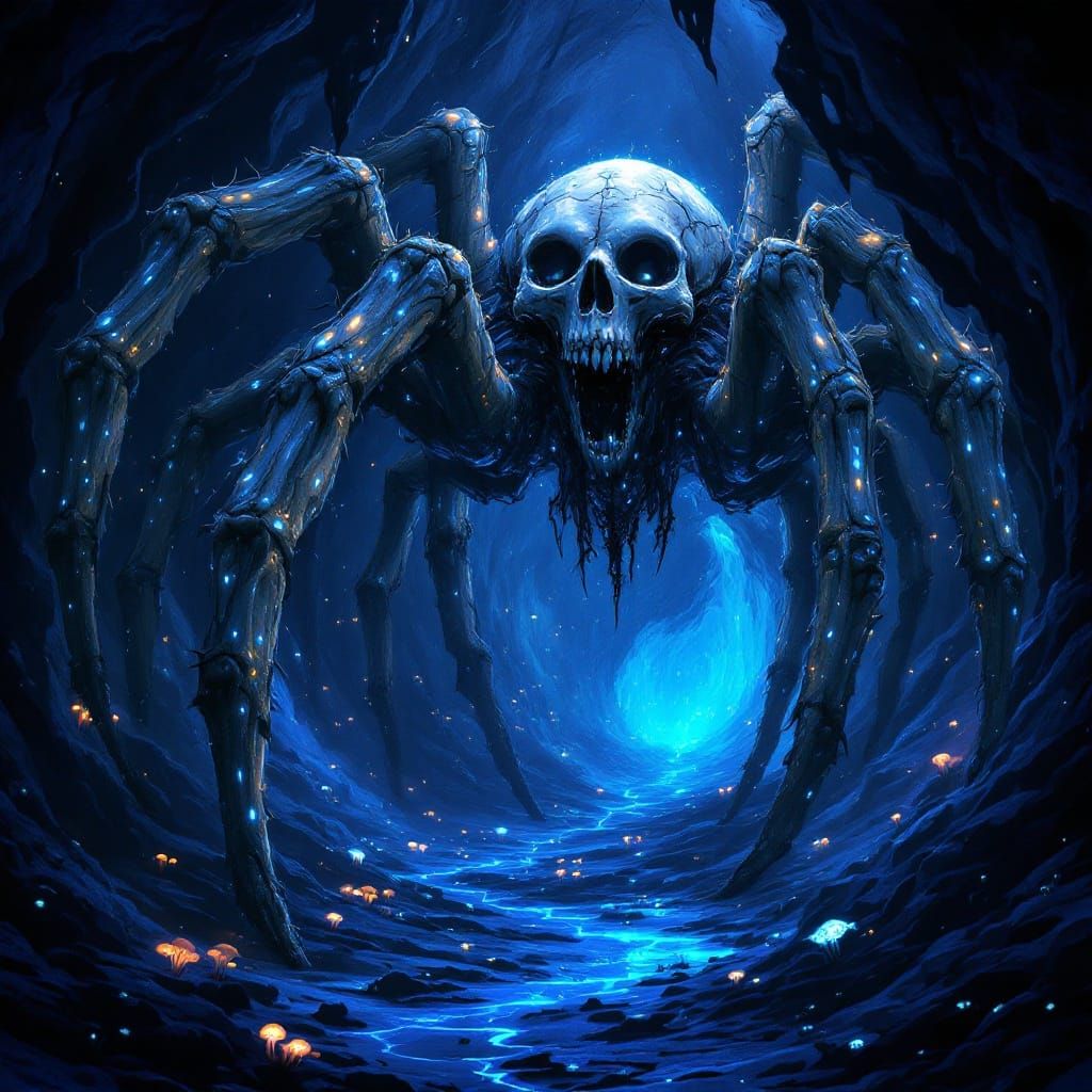 Gothic Bioluminescent Spider in a Twisted Underground Lair