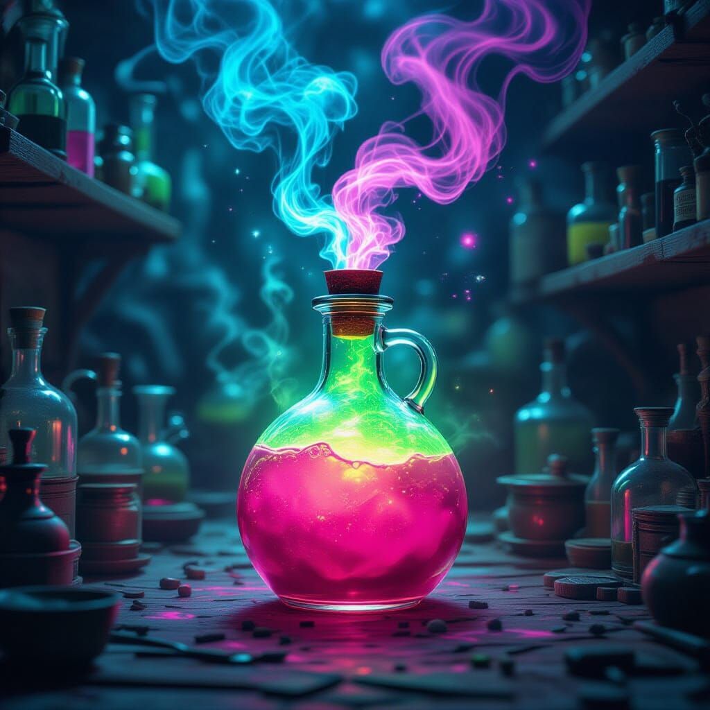 Psychedelic Potion in Alchemist's Lab, Surrealist Digital Ar...