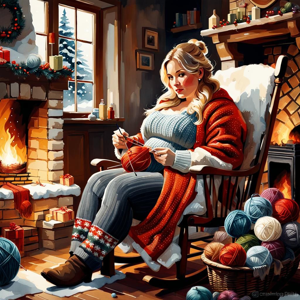 Blonde Woman Knitting Christmas Stocking in Watercolor Style