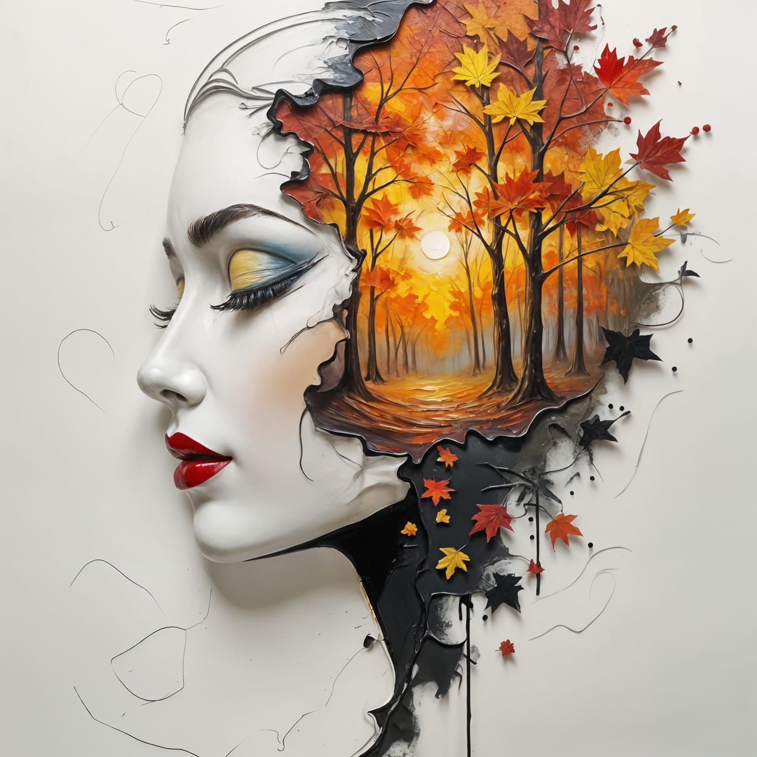 Surreal Female Sculpture Face in Autumnal Oil Painting