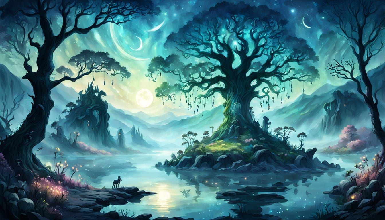 Ethereal Fantasy Landscape with Fey Beings in Watercolor