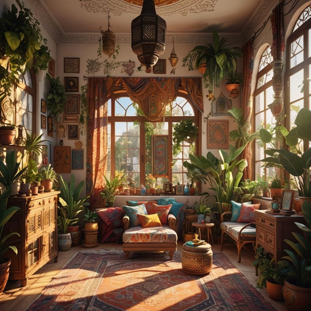 Boho Chic Living Room in 3D Rendered Art