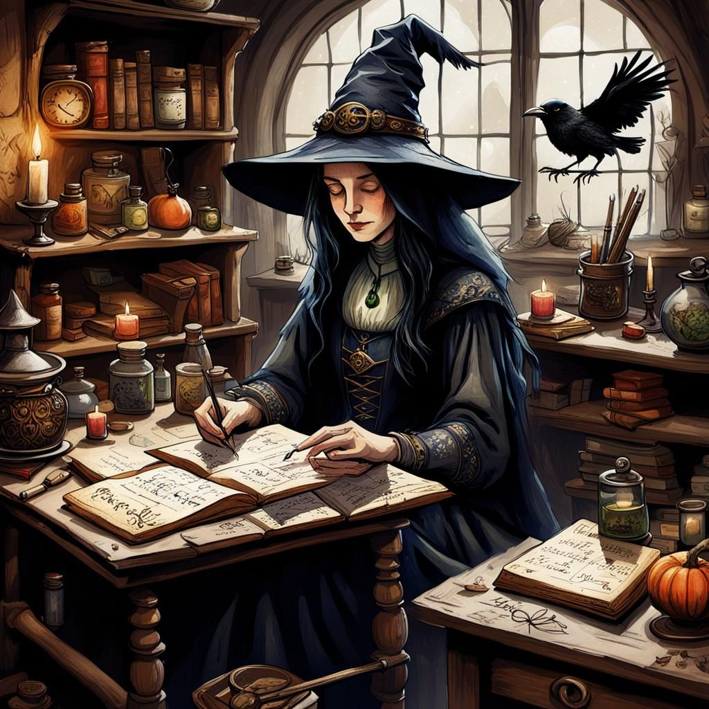 A witch sitting at her desk in her potstions room,